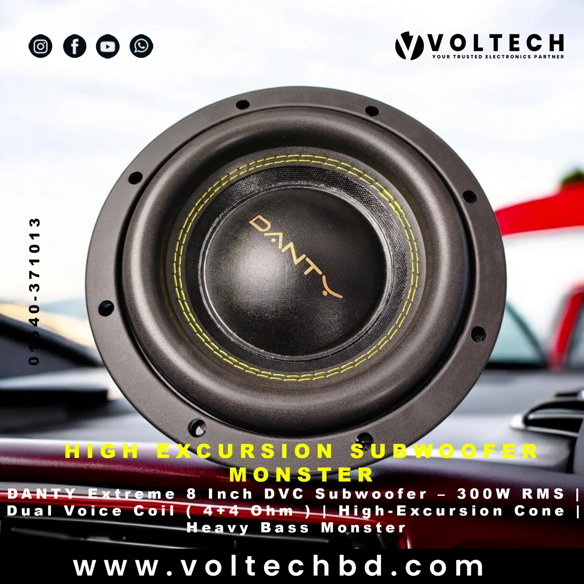 DANTY Extreme 8 Inch DVC Subwoofer – 300W RMS | Dual Voice Coil | High-Excursion Cone | Heavy Bass Monster